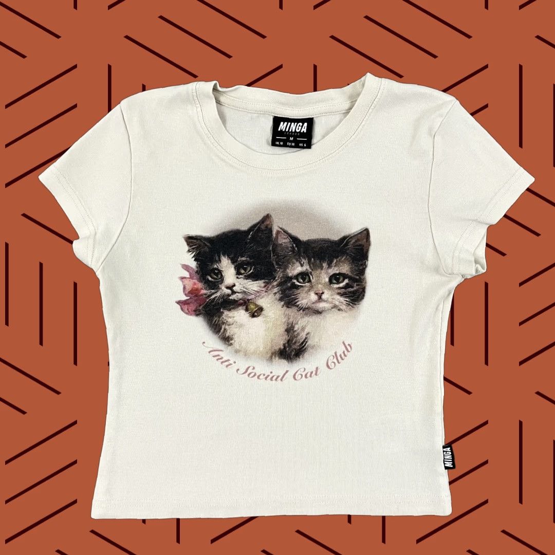 VINTAGE Minga London Cotton Cropped T-Shirt Womens Medium Gray Anti Social Cat Club Graphic 90s Casual