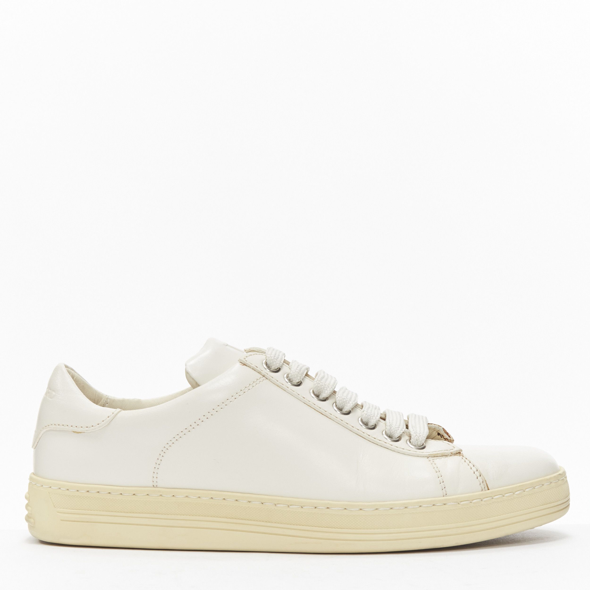 Tom Ford TOM FORD TF logo cream stiff leather minimal classic lace up sneakers EU36 Size US 6 / IT 36 - 1 Thumbnail