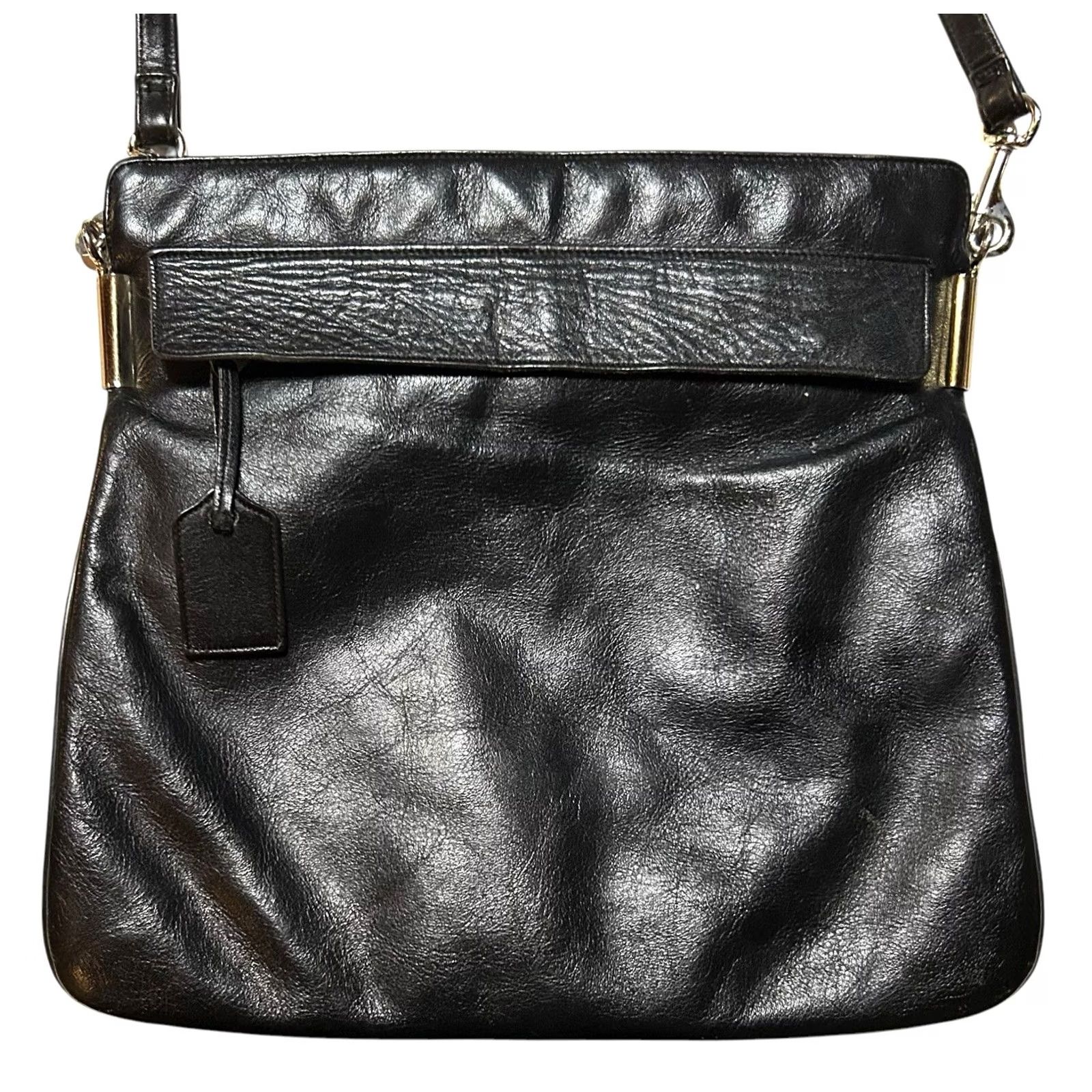 Vintage Lisette Black Leather Purse Shoulder Handbag Womens Damaged Front Pocket Clamp Metal Read Description Bag Charm Size ONE SIZE - 2 Thumbnail