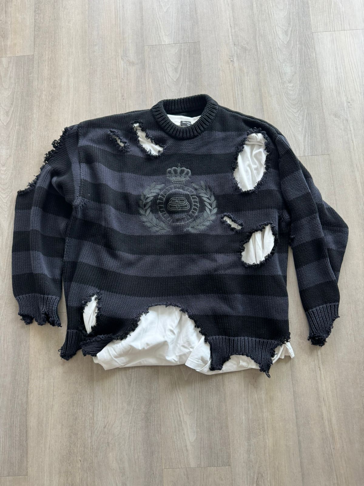 Pre-owned Balenciaga Ripped Logo Sweater In Grey