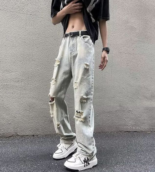 Japanese Brand Men's street hiphop slim fit ripped raw edge washed jeans Size US 32 / EU 48 - 3 Thumbnail
