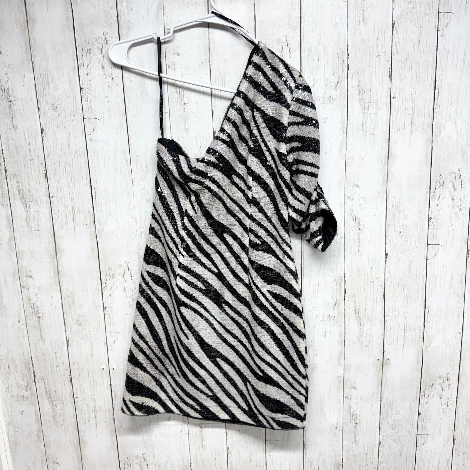 Guess Guess Dress Small Black White Zebra Sequin One Shoulder Mini Size S / US 4 / IT 40 - 6 Thumbnail