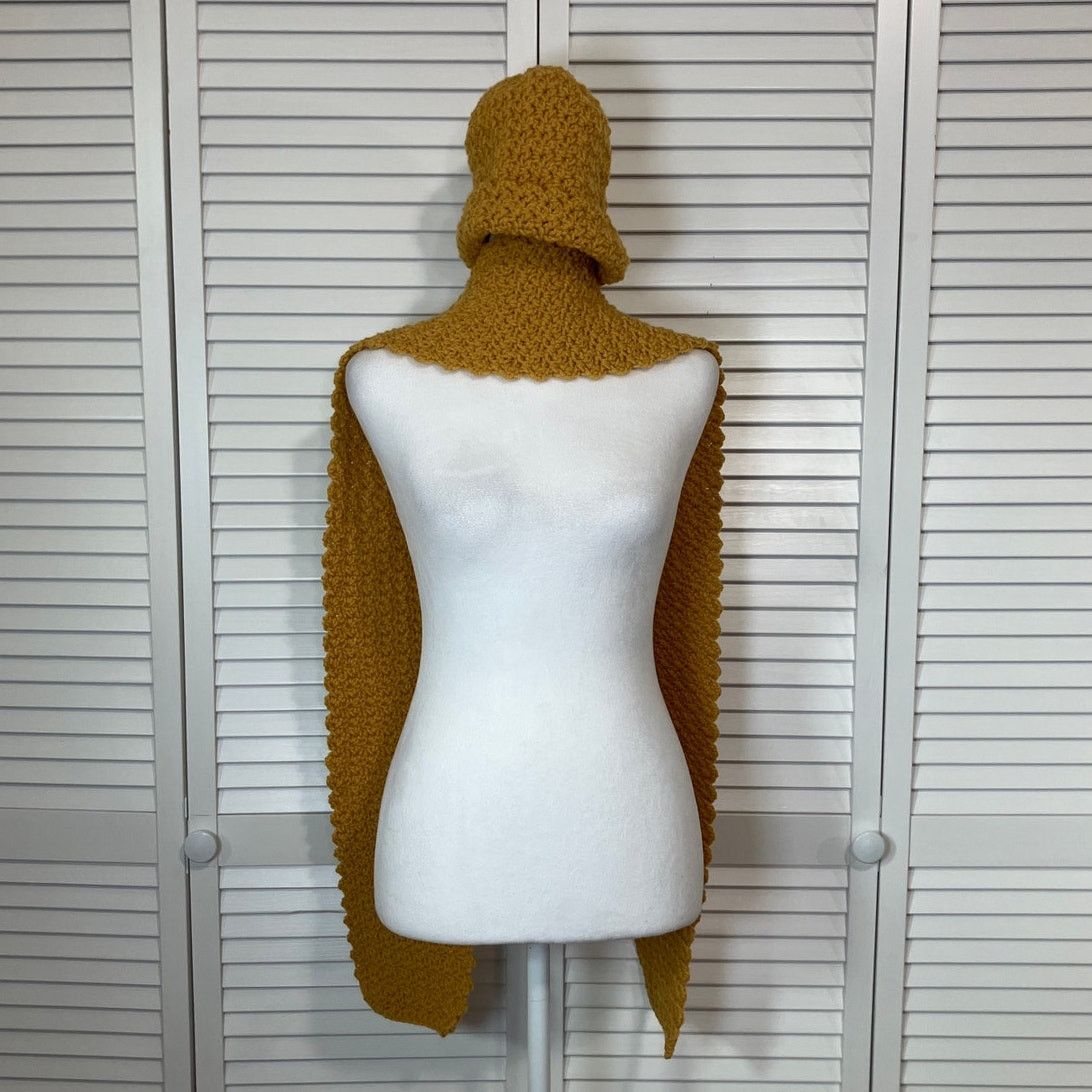 Handmade NWT Handmade Crocheted Mustard Textured Beanie Scarf 71” Size ONE SIZE - 2 Thumbnail