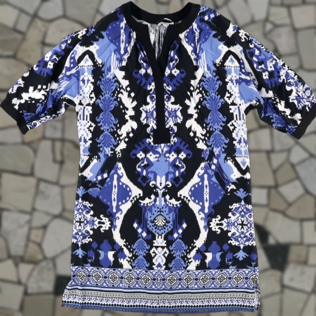 Vintage Chicos Chicos Shirt Dress Blue Women L V-Neck 3/4 Sleeve Tiered Midi Boho All Over Print Dress Size L / US 10 / IT 46 - 1 Thumbnail