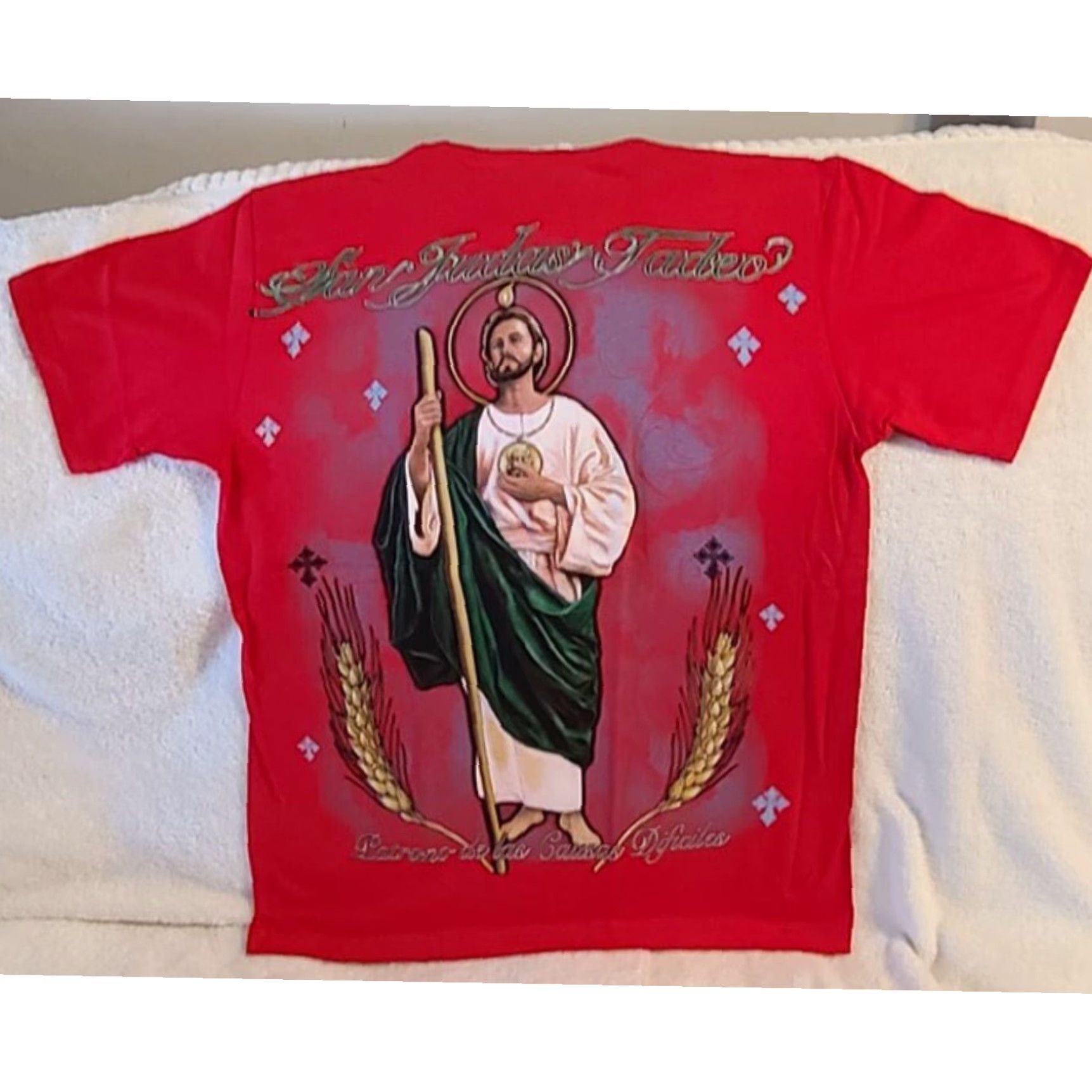 Vintage SAINT JUDE T-SHIRT Adult Red Graphic Tee San Judas Tadeo Religious Cotton Short Sleeve M Mens Size US M / EU 48-50 / 2 - 1 Thumbnail