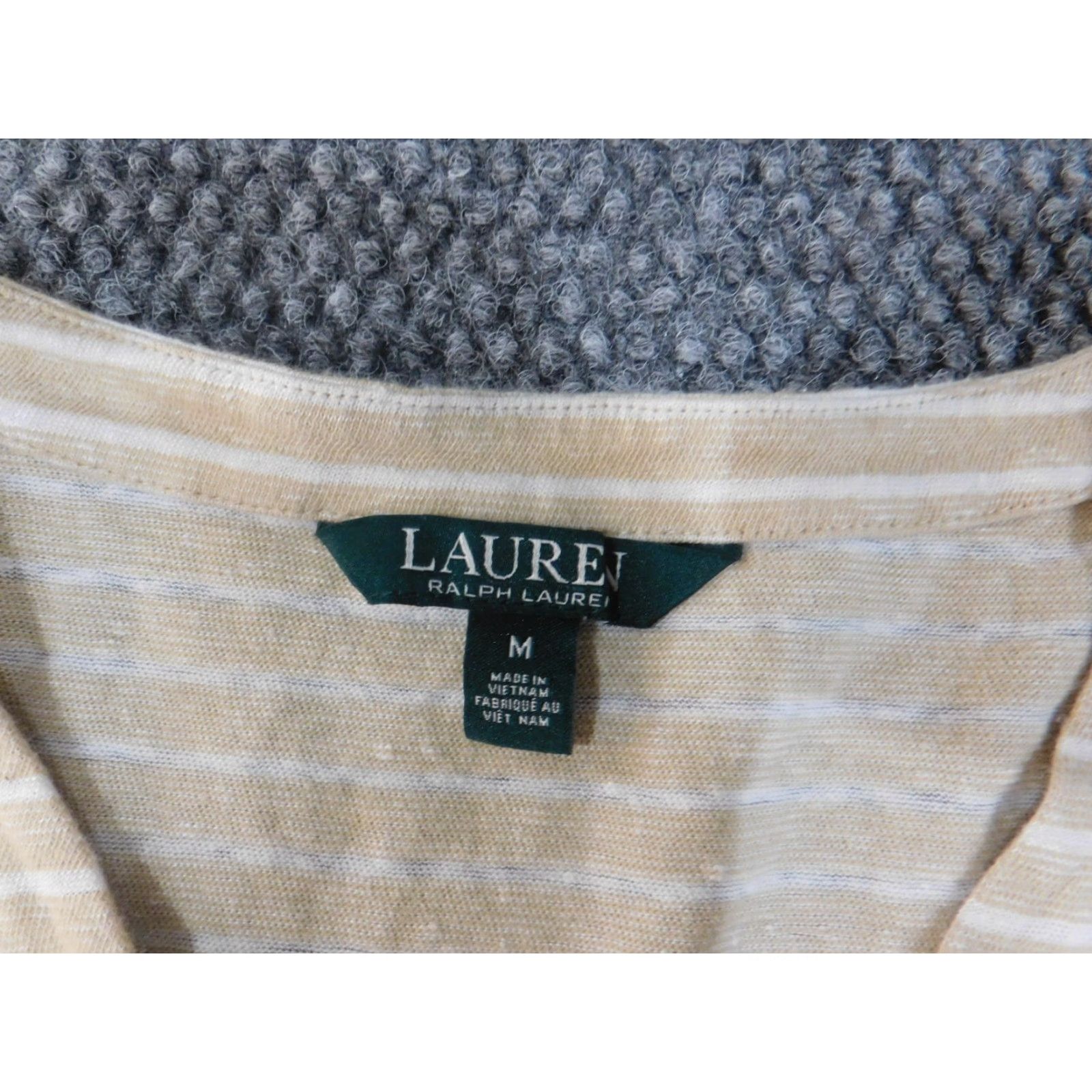 Ralph Lauren Lauren Ralph Lauren Blouse Shirt Womens Medium Beige Linen Striped Pullover Knit Cotton Round Neck Long Sleeve Size M / US 6-8 / IT 42-44 - 4 Thumbnail
