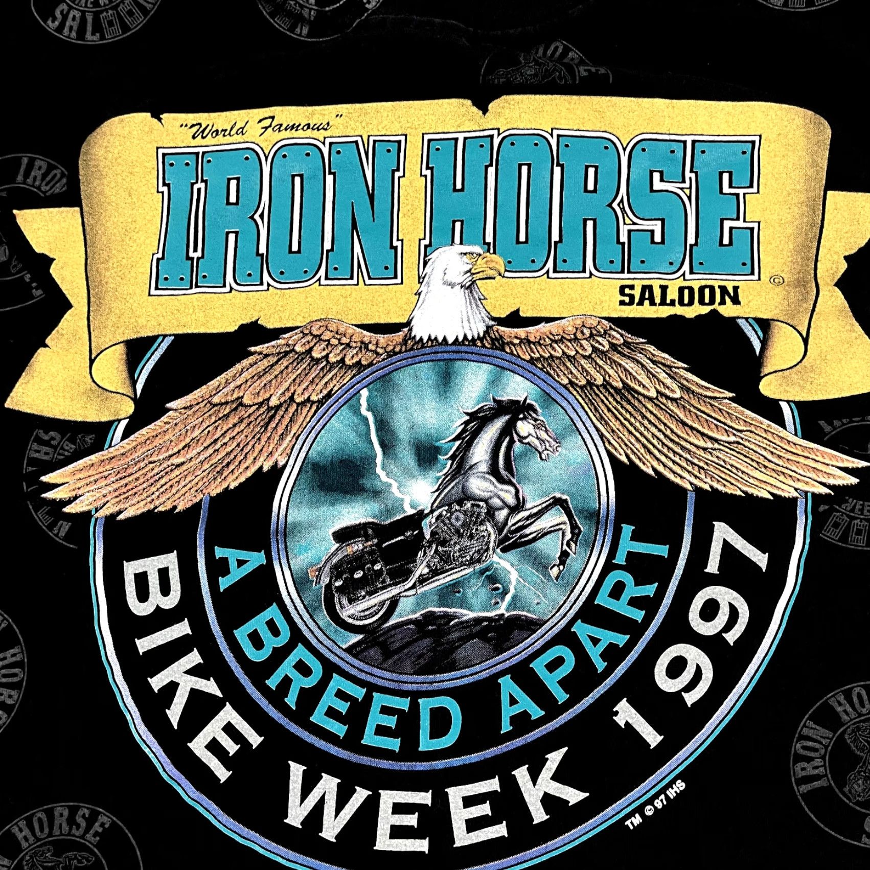 Gloverall VINTAGE IRON HORSE SALOON Shirt Mens XL AOP All Over Graphic Tee Bike Week 1997 Mens XL Black Cotton 90s Biker Retro Size US XL / EU 56 / 4 - 2 Thumbnail