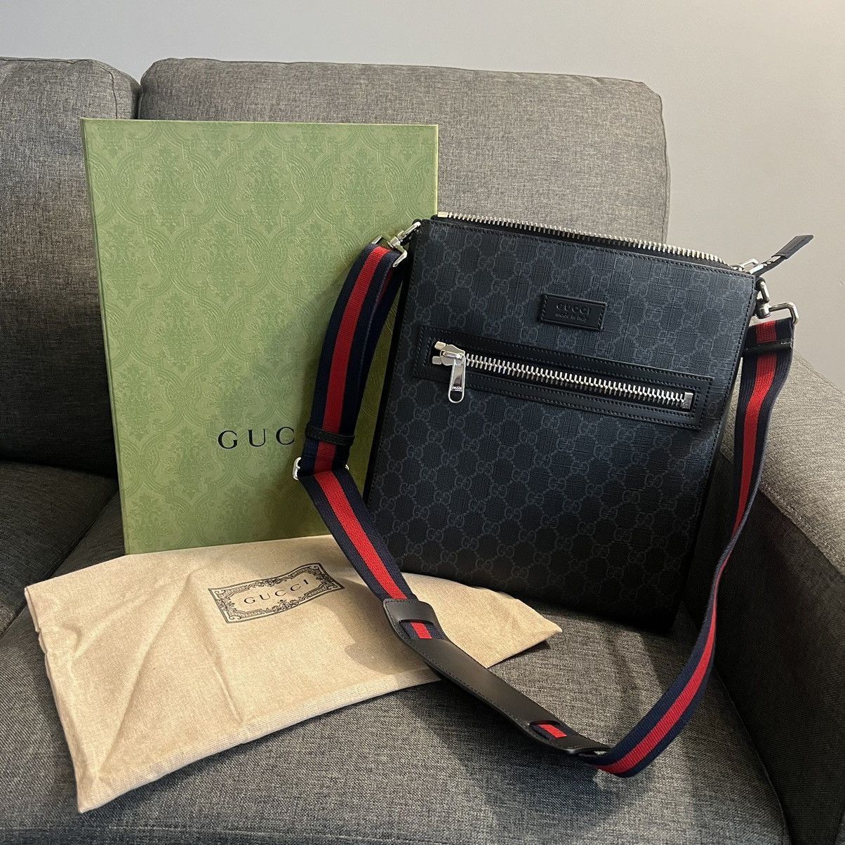 GG Supreme Monogram Web Small Flat Messenger Bag Black Grey