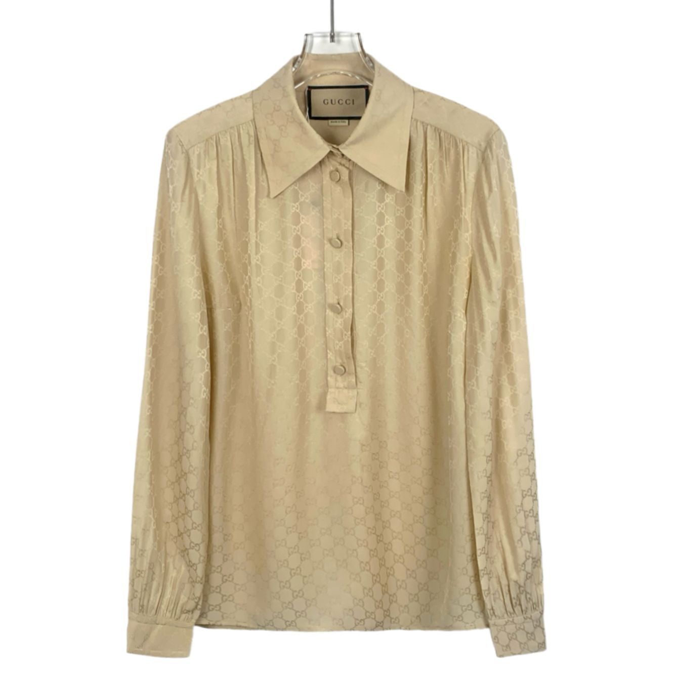 Gucci Khaki Logo Jacquard Silk Button-Up Shirt (Size S)