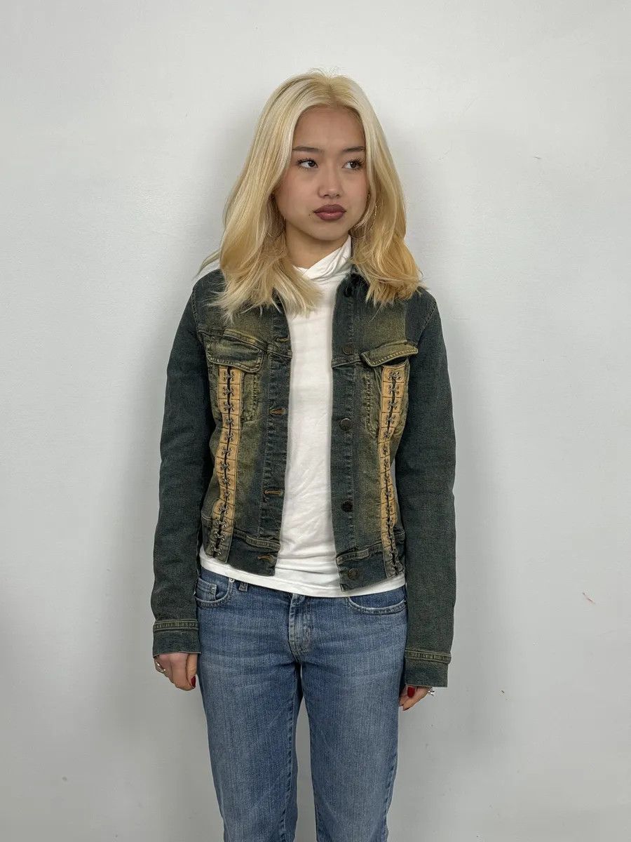Vintage 2000s Plein Sud Metal Hook Laced Raw Denim Jacket Size S / US 4 / IT 40 - 4 Thumbnail