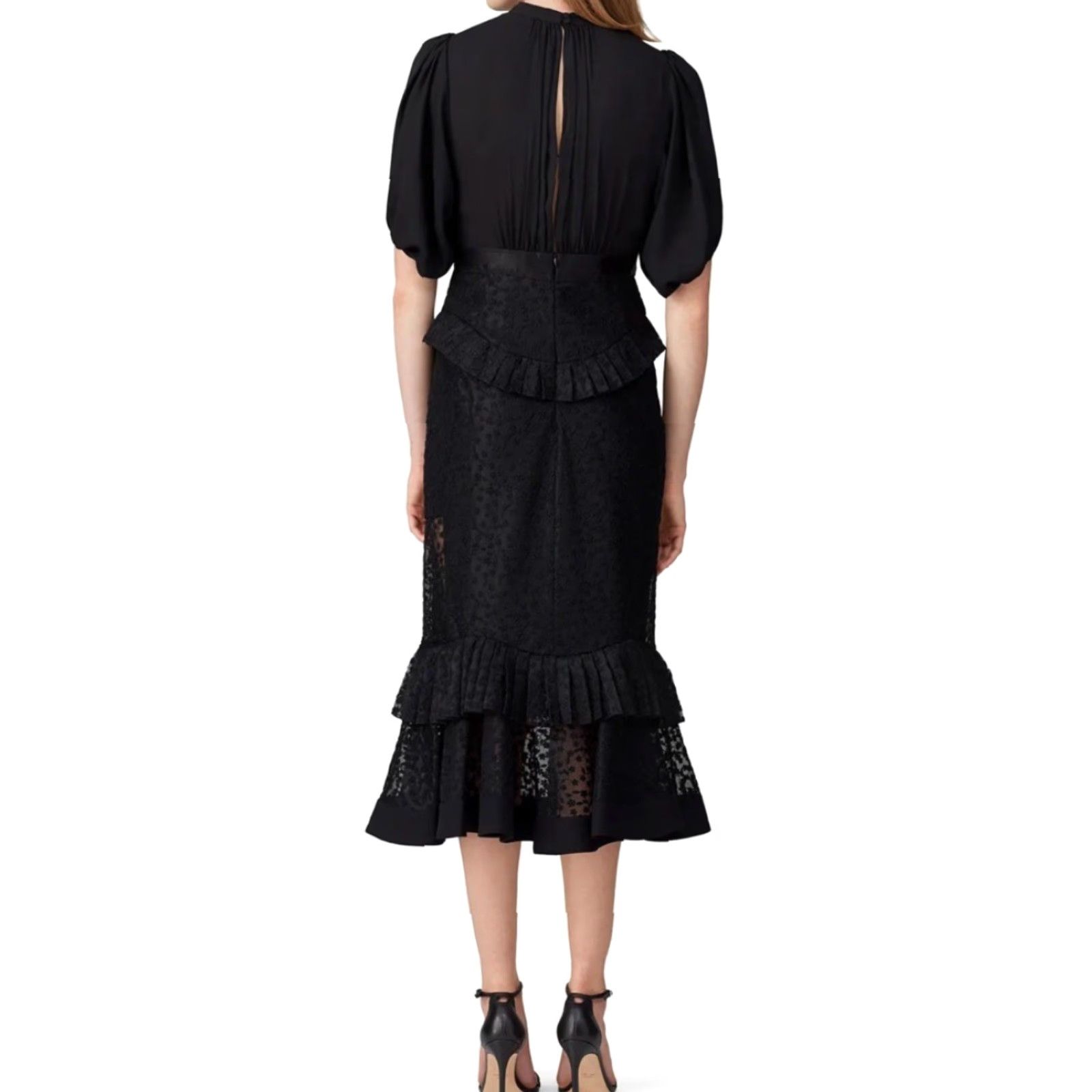 ALEXIS ALEXIS Dress Black Midi V-Neck Tiered Ruffle Floral Lace Size L Designer Size L / US 10 / IT 46 - 7 Thumbnail