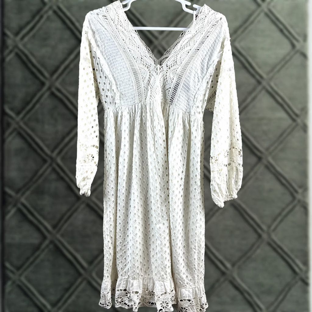 anthropologie white long sleeve dress Mare Long-Sleeve Organza Overlay Mini Dress