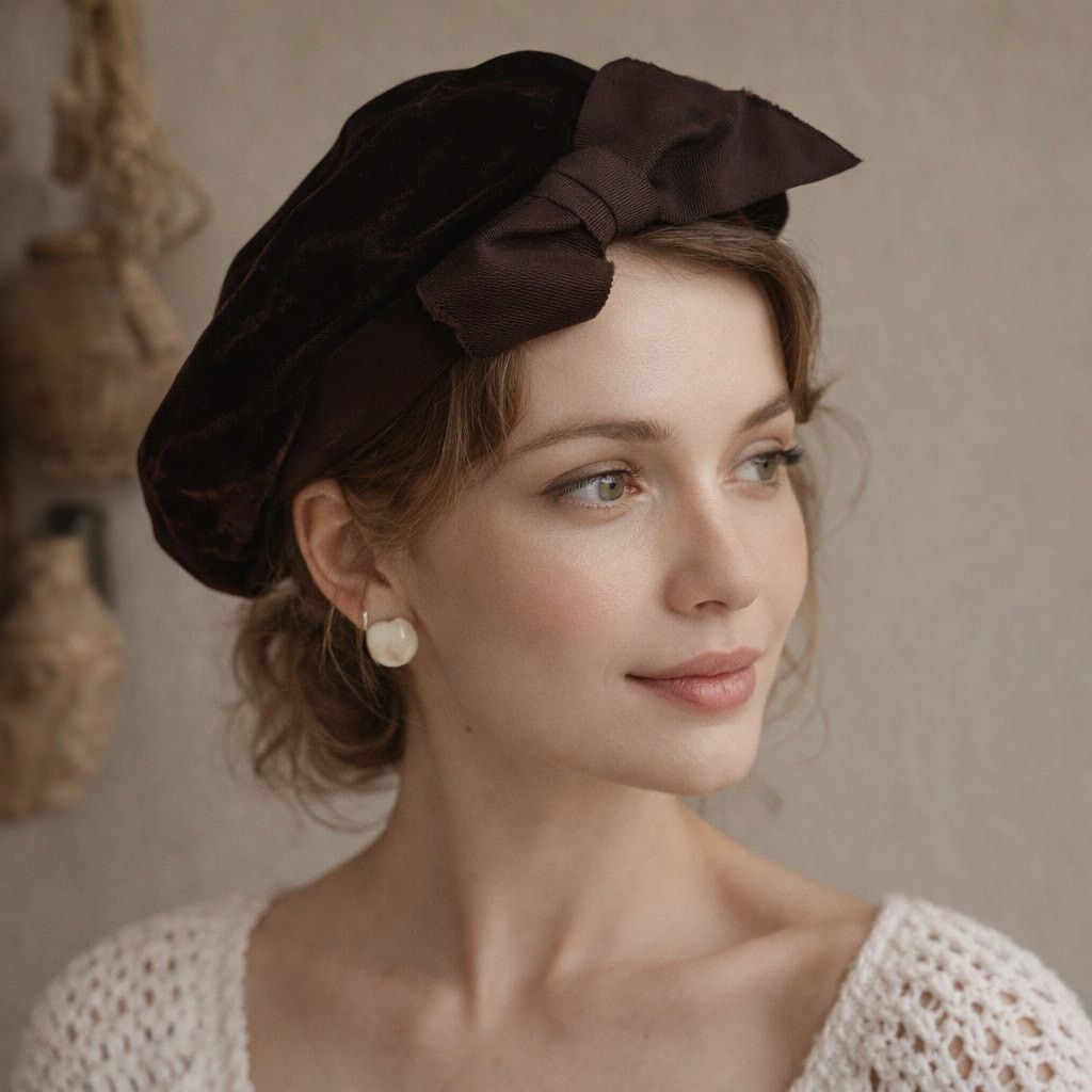 Vintage Vintage 60s Velvet Beret Brown Bow Parisian Cottagecore Hat Size ONE SIZE - 1 Thumbnail