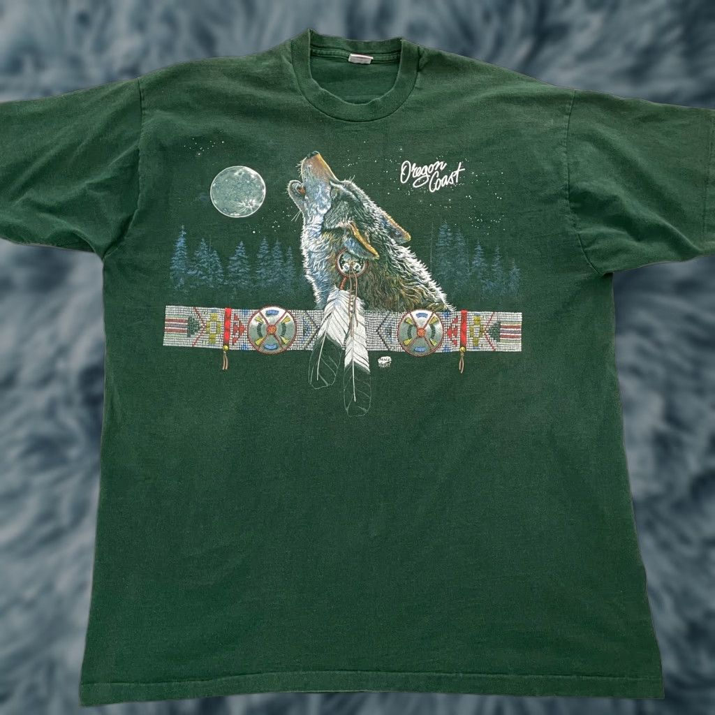 Fruit Of The Loom VINTAGE Oregon Coast Shirt Adult 3XL Green Wolf Native Graphic Logo Men XXXL 90s Shirt Size US XXL / EU 58 / 5 - 1 Thumbnail