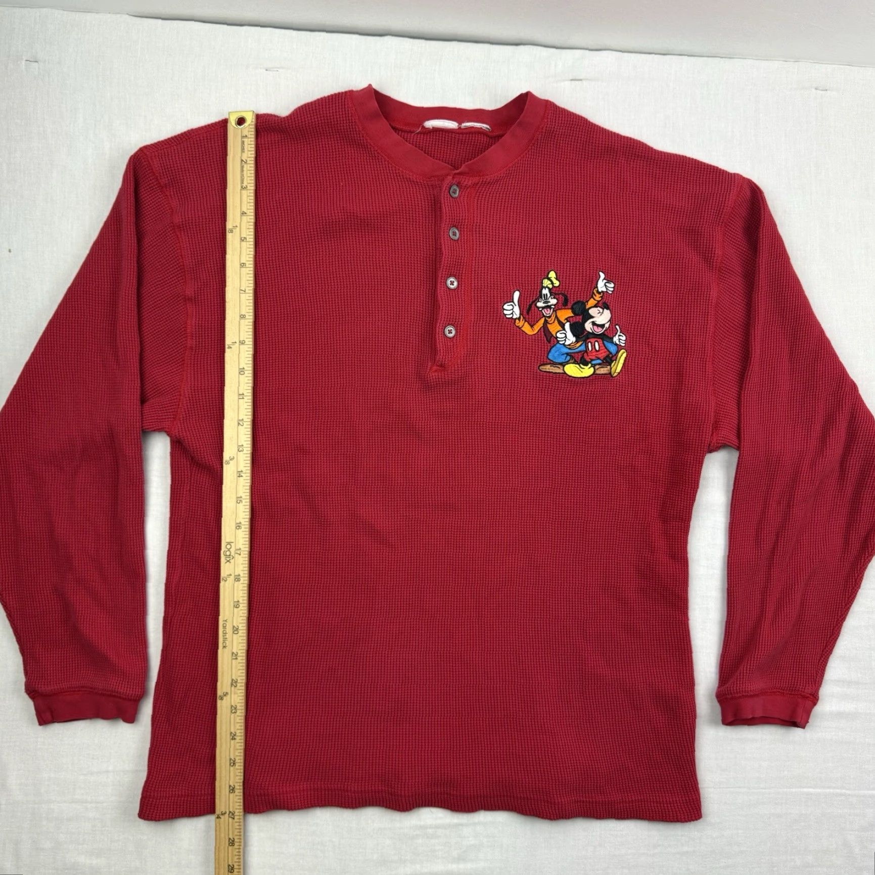 Disney VINTAGE Mickey Goofy Thermal Henley Shirt Adult Large Red Disney World Embroidered 90s Mens Tee Size US L / EU 52-54 / 3 - 6 Thumbnail