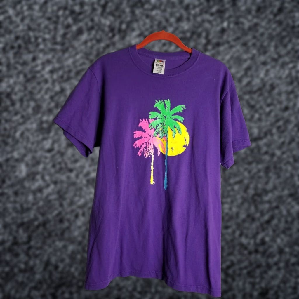 Fruit Of The Loom VINTAGE Mens M Neon Palm Tree Tourist T Shirt 90s Purple Size US M / EU 48-50 / 2 - 1 Thumbnail