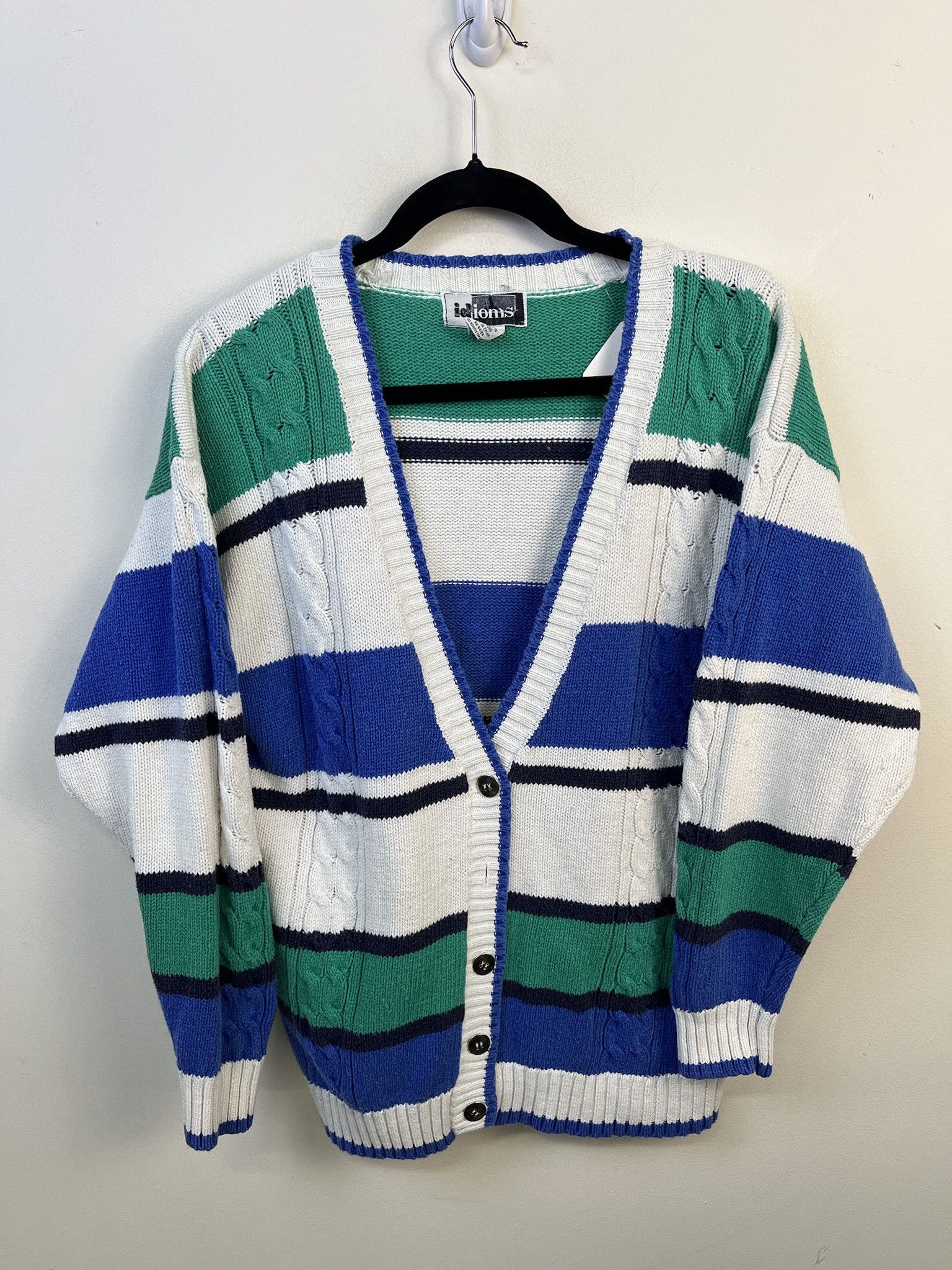 Vintage Vintage Knit Sweater 1990s Thick Knit Blue Green Striped Knit Cableknit Cardigan Size M Size US M / EU 48-50 / 2 - 1 Thumbnail