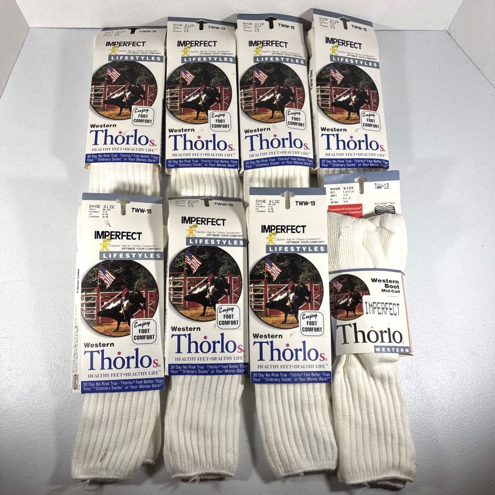 Vintage Thorlos Socks Western 8.5-12.5 Men Calf White 90s USA Solid Mid Calf 8 Pairs TWW-13 Size ONE SIZE - 2 Thumbnail