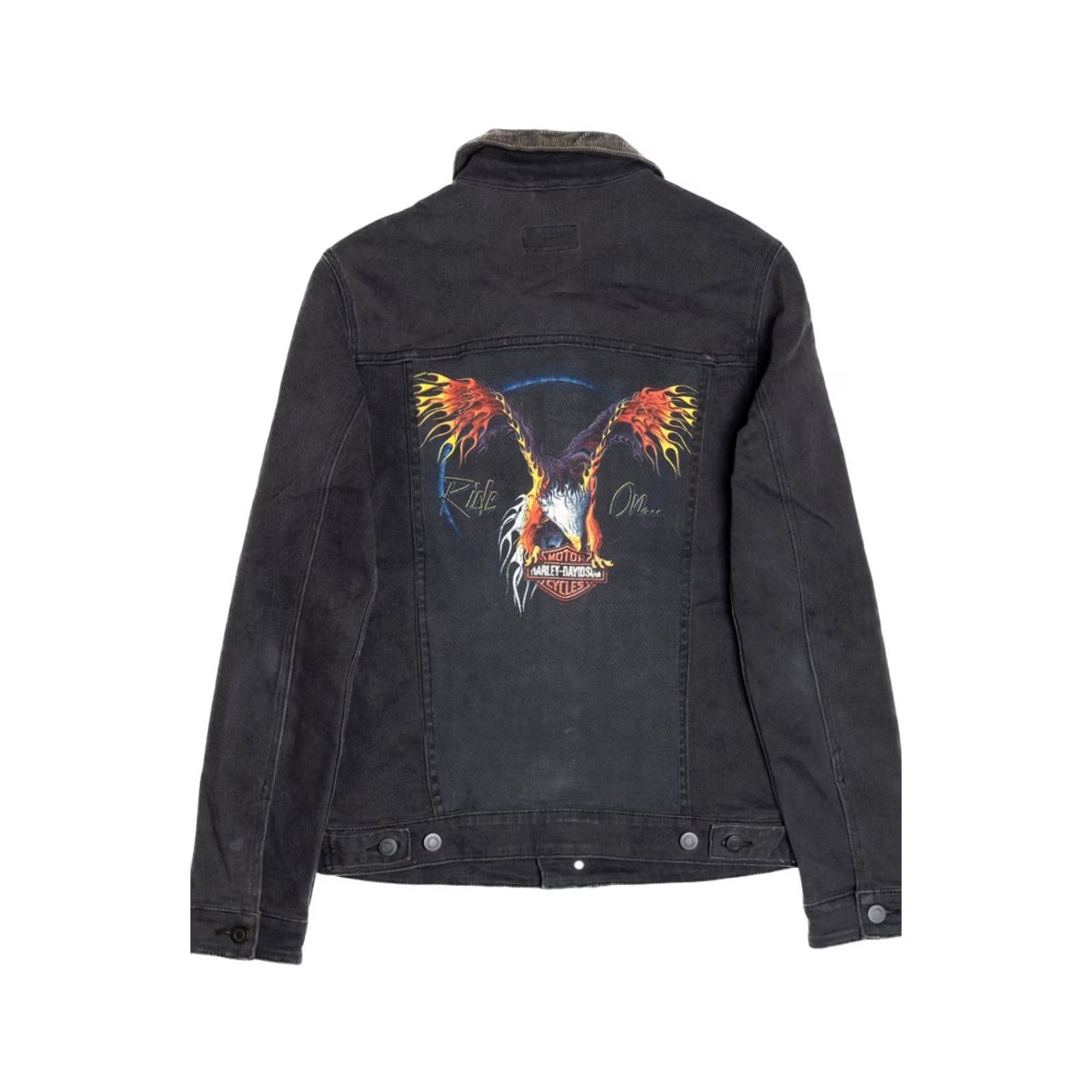 Asos VINTAGE Asos Den im Jacket Upcycled Harley Davidson "Ride On..." Flaming Eagle Back Patch Denim Jacket Size US S / EU 44-46 / 1 - 2 Thumbnail