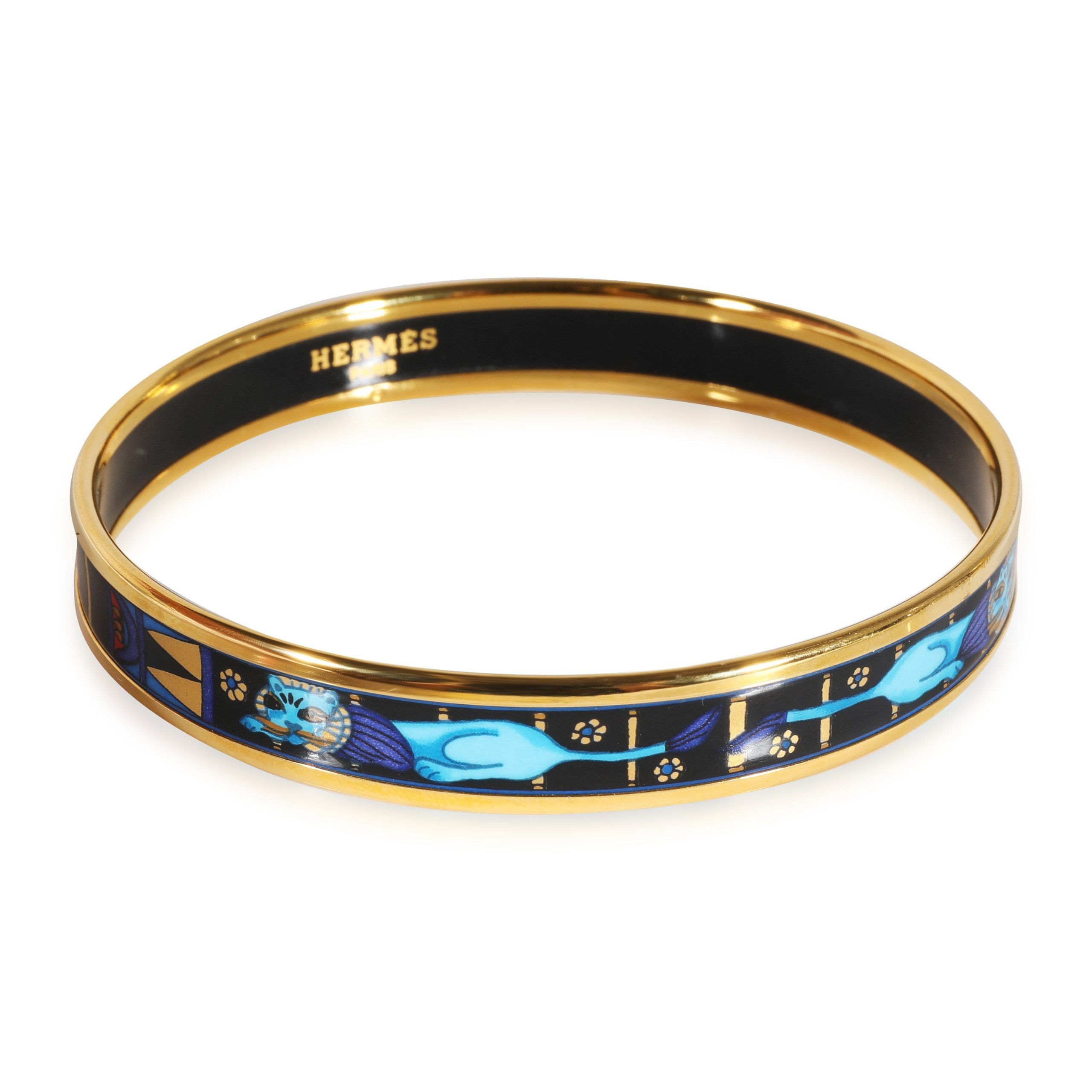 image of Hermes Plated Narrow Blue Enamel Crouching Cats Bangle Bracelet, 9Mm in Yellow, Women's