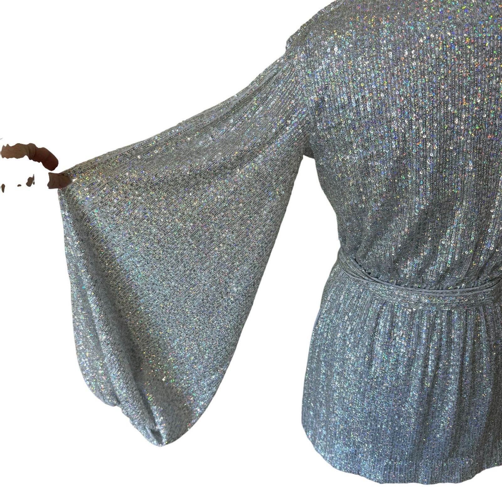HOUSE OF CB LONDON Silver Sequin Wrap Mini Dress Size XS