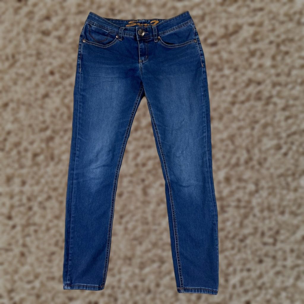 Vintage Seven7 Jeans Women Skinny Fit Denim Blue Dark Wash 28x28 Low Rise Stretch 6 5-Pocket Button Embroidered Logo Regular Inseam 28 in Cotton Size 28" / US 6 / IT 42 - 1 Thumbnail