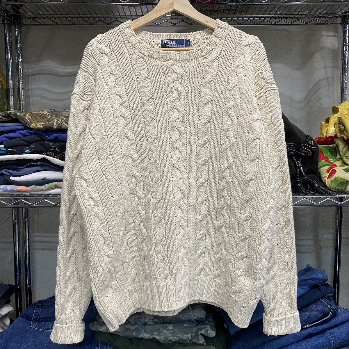 image of Vintage Polo Ralph Laurent Cotton/linen Cable Knitsweater in White, Men's (Size Large)