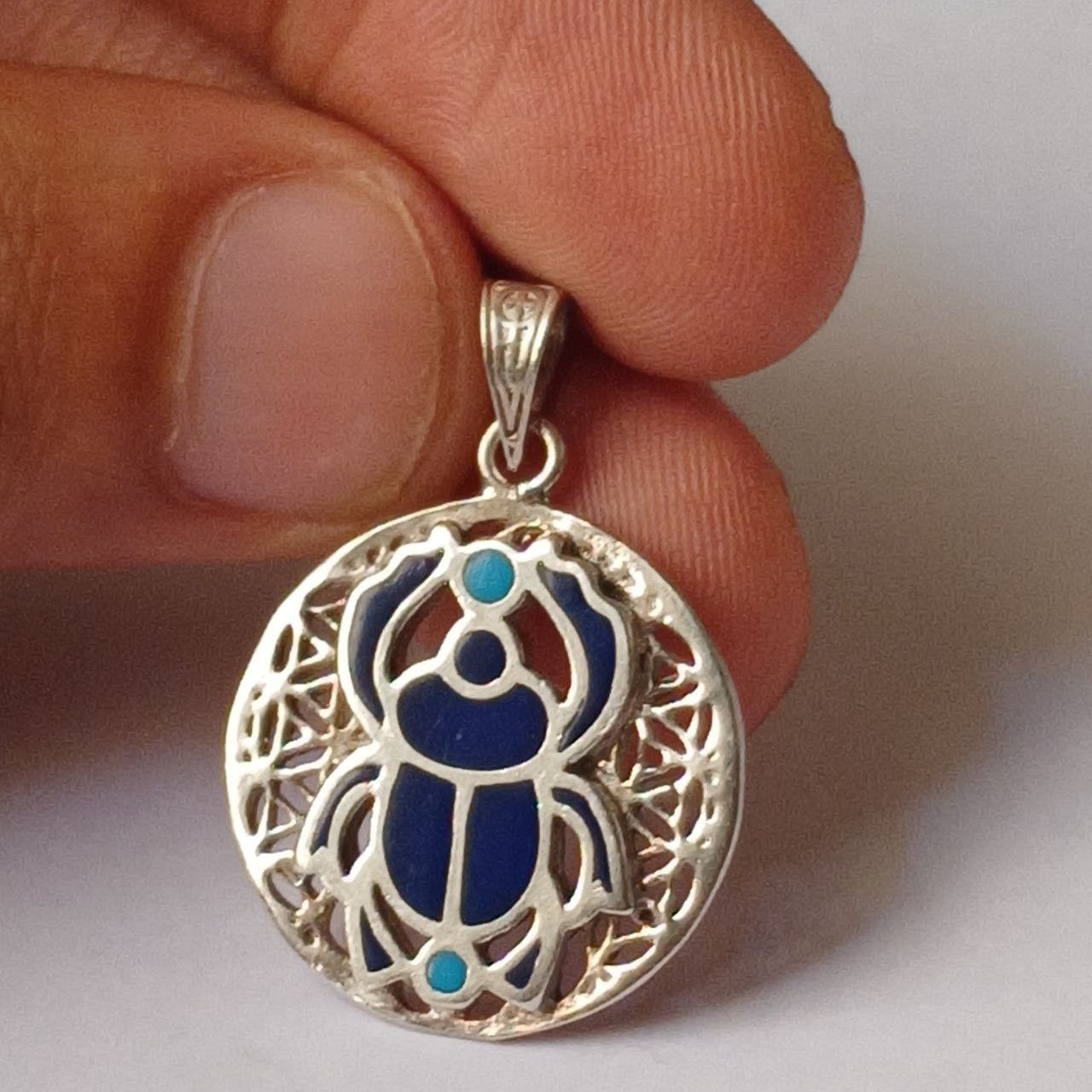 Sterling Silver 925 Silver Scarab Pendant – Egyptian Jewelry with Blue Inlay Size ONE SIZE - 1 Thumbnail