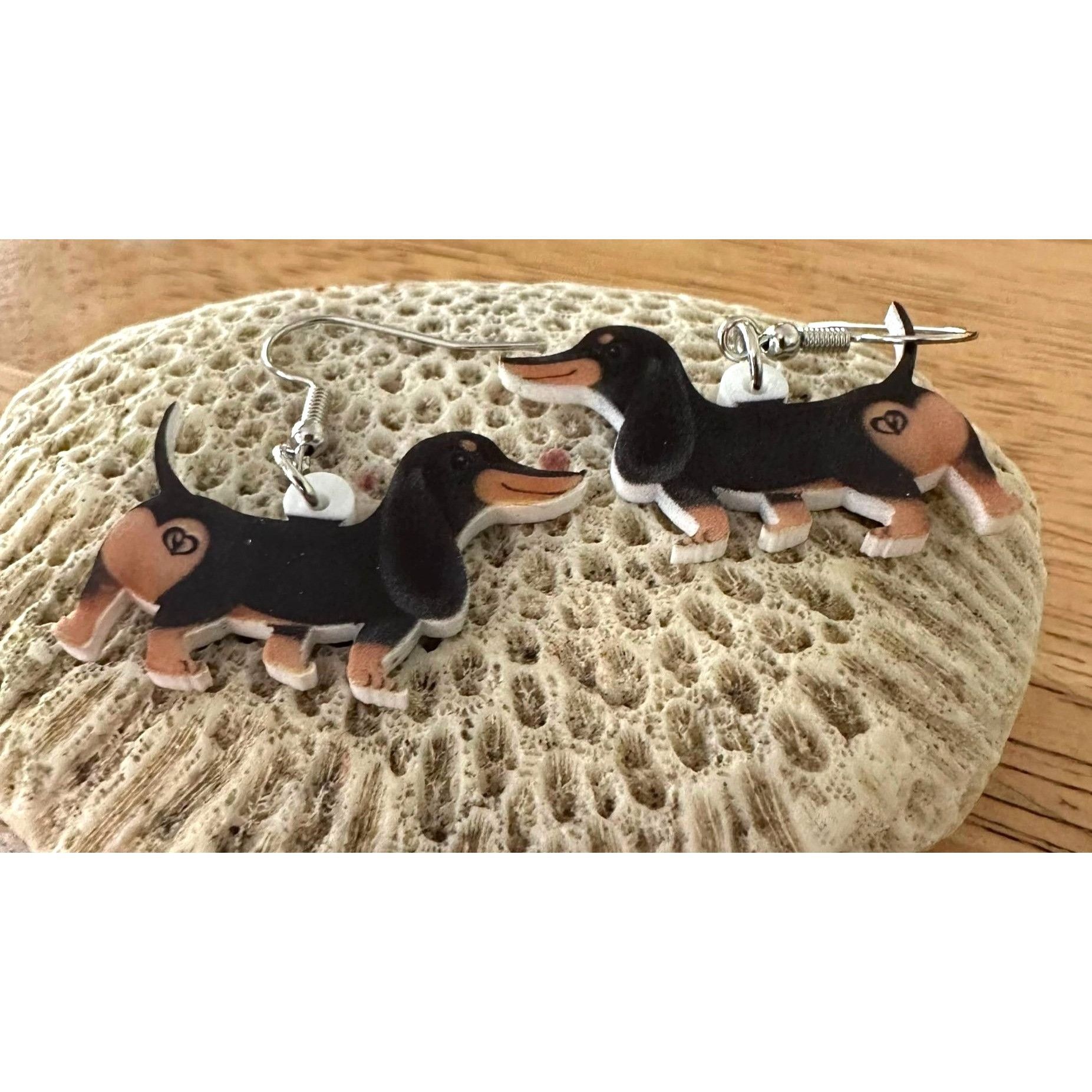 Handmade Dachshund Earrings New Dangle Hooks Double Sided Black Tan W Size ONE SIZE - 3 Thumbnail