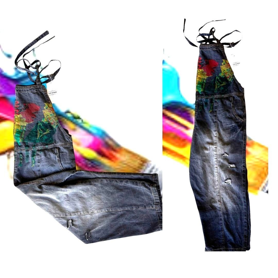 Other NWT YESNO Denim Painted Bib Overalls Medium Wide L Size 32" / US 10 / IT 46 - 4 Thumbnail