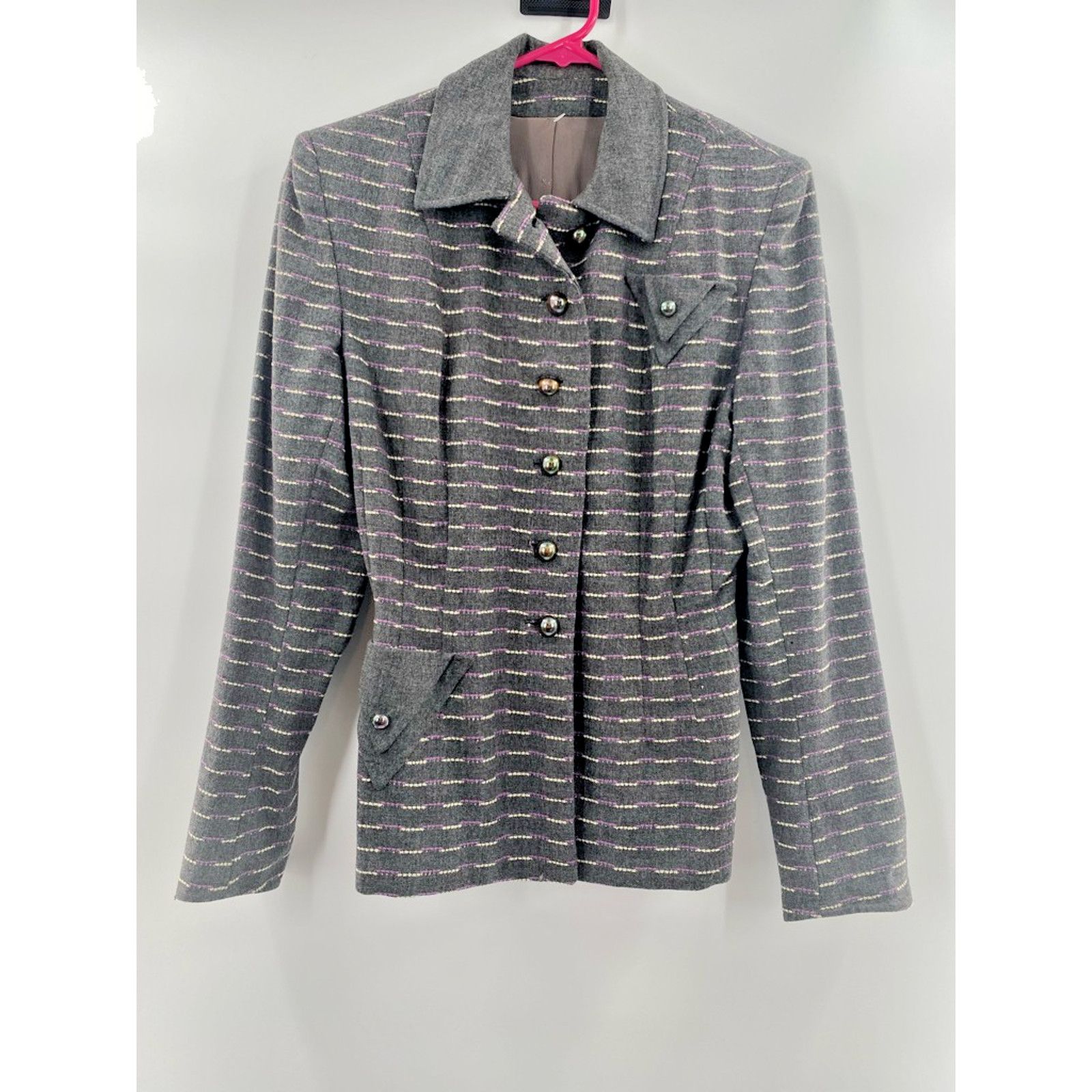 image of 1 Jacket Coat Womens Gray Pink Stripe Wool Vintage S in Grey (Size Small)
