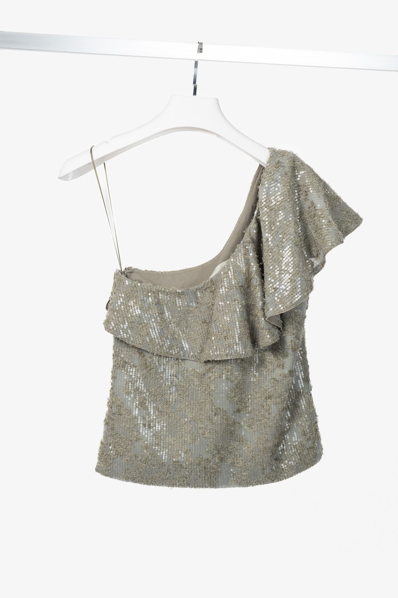 DOROTHEE SCHUMACHER Dorothee Schumacher Sequin Statement Khaki One-Shoulder Top Size XS / US 0-2 / IT 36-38 - 2 Thumbnail
