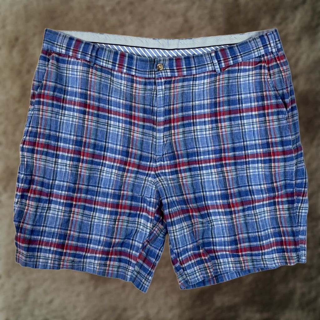 Peter Millar Peter Millar Shorts Mens 42 Blue Plaid Linen Chino Pleated 9 Inseam Casual Size US 42 / EU 58 - 1 Thumbnail
