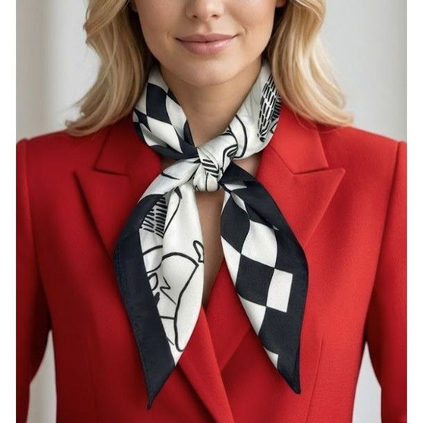 Other ⭐Luxury Silky Square Scarf Bandana Abstract Checkered BLACK Size ONE SIZE - 1 Thumbnail