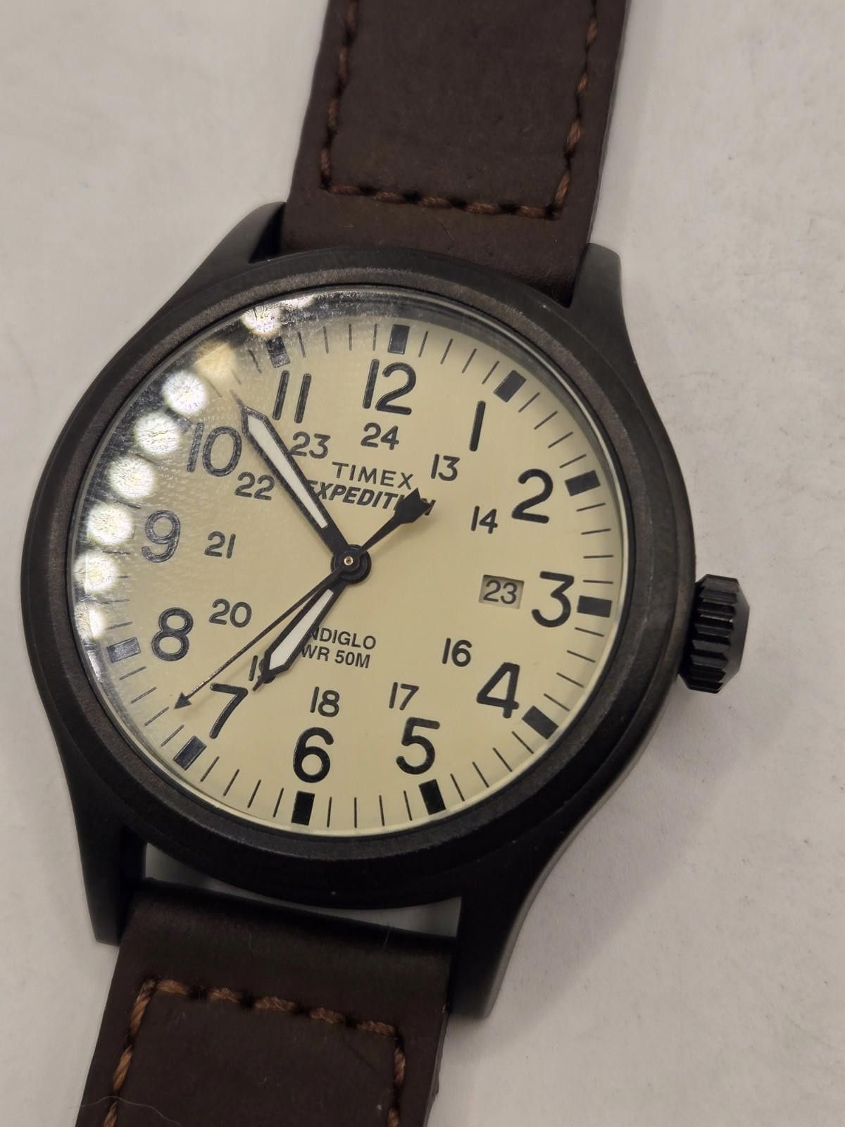 Timex T49963, Men's Expedition Scout Brown Leather Watch in Beige