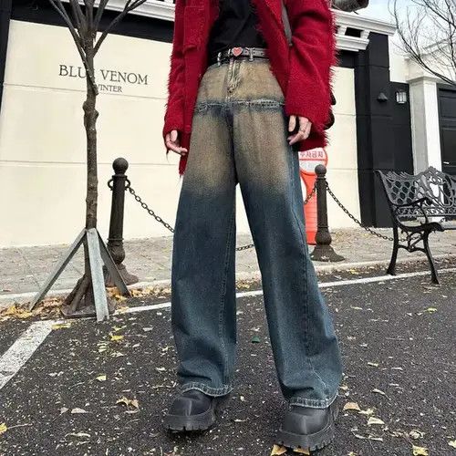 Japanese Brand × Jean Retro yellow cement washed distressed wide leg jeans Size US 32 / EU 48 - 2 Thumbnail