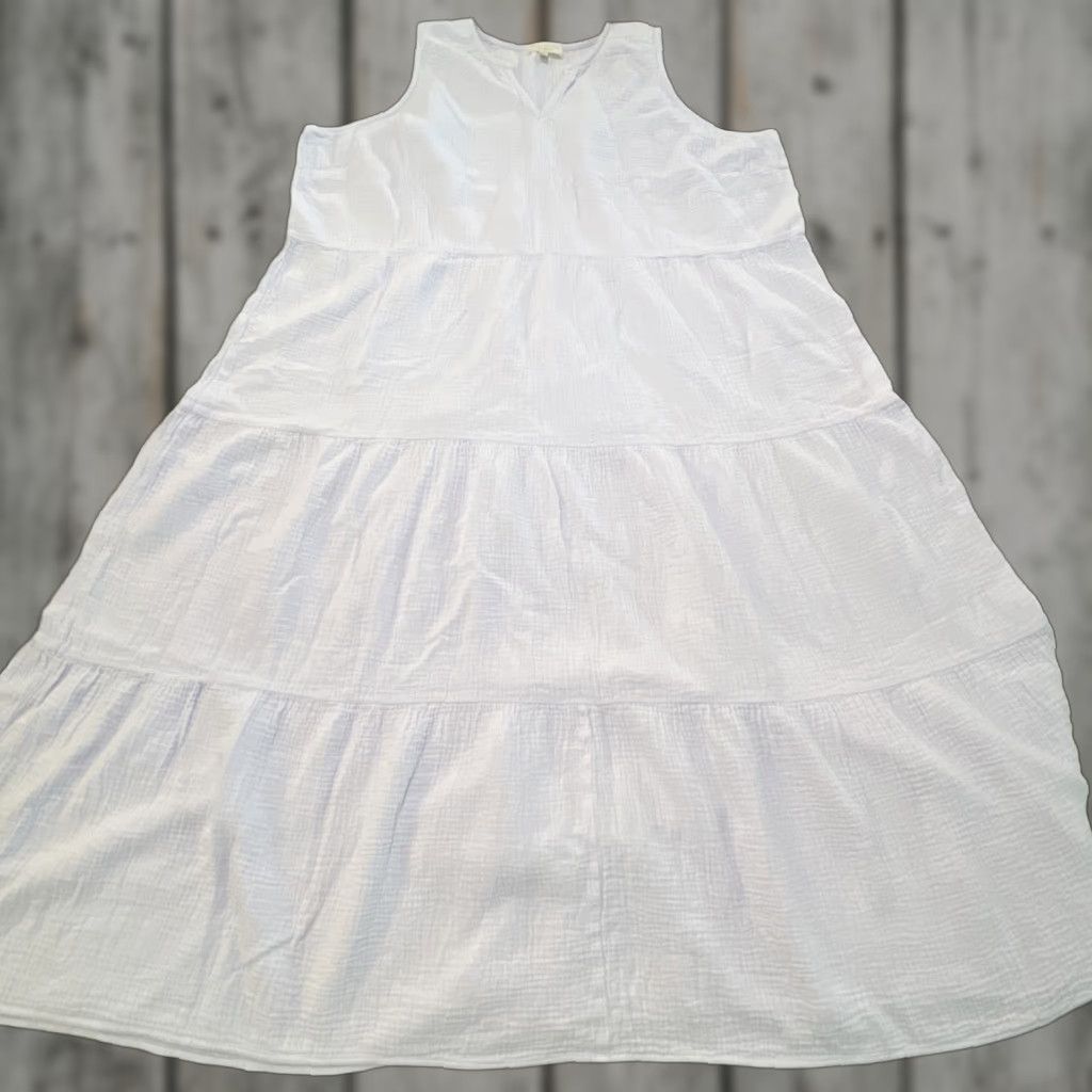 Vintage Side Stitch Dress 2X White Sleeveless Plush Crinkle Gauze Tiered A-Line Women Long Spring Summer Size XXL / US 16-18 / IT 52-54 - 1 Thumbnail
