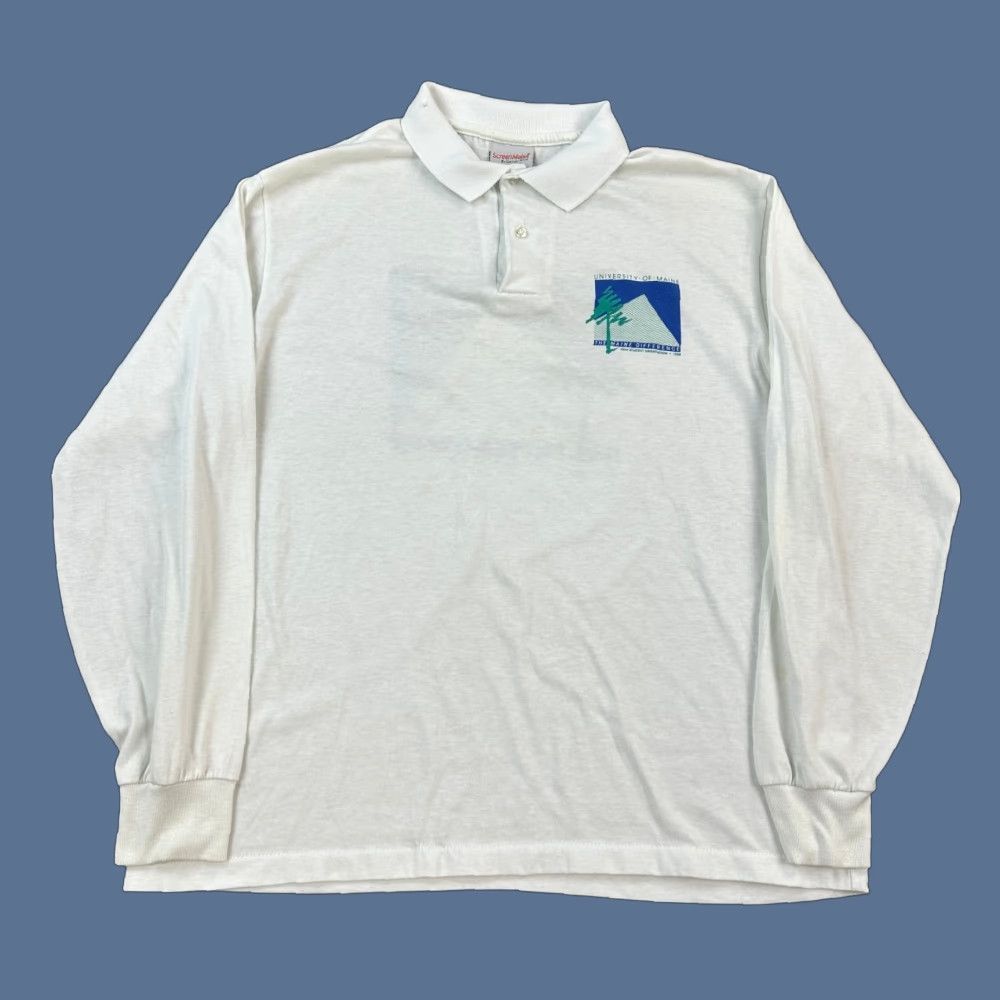 Vintage VINTAGE University of Maine Polo Shirt Mens XL 1988 Student Orientation USA Polo Shirt Mens XL White 80s Retro USA Mens Polo Shirt Size US L / EU 52-54 / 3 - 1 Thumbnail