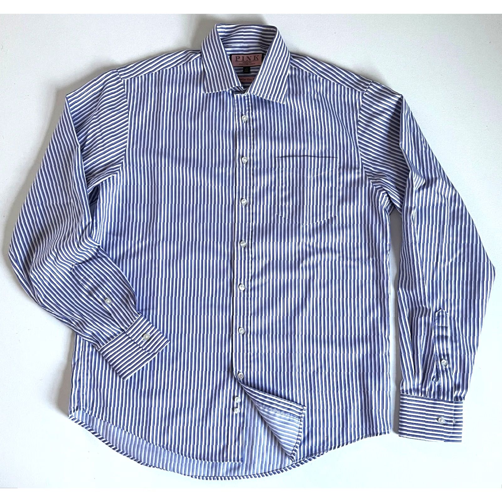 Pinko Thomas Pink Traveller Slim Fit Dress Shirt Striped Sz 16, 41cm Men’s Shirt, White/Blue/Purple, 100% Cotton, Long Sleeve, Button-Front, Spread Collar Size 42R - 3 Thumbnail