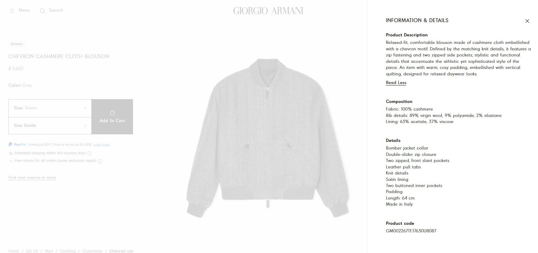Giorgio Armani Cashmere Chevron Herringbone Zip-Front Bomber Jacket Blouson Size US XL / EU 56 / 4 - 8 Thumbnail