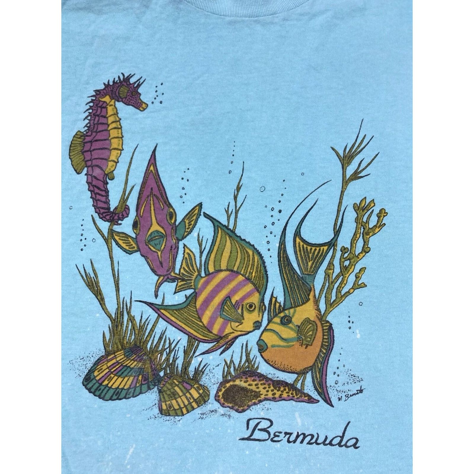 Fruit Of The Loom VINTAGE Fruit of the Loom Bermuda Fish Ocean Graphic T-shirt Men XL Aqua Blue 90s Single Stitch Mens Size US XL / EU 56 / 4 - 2 Thumbnail