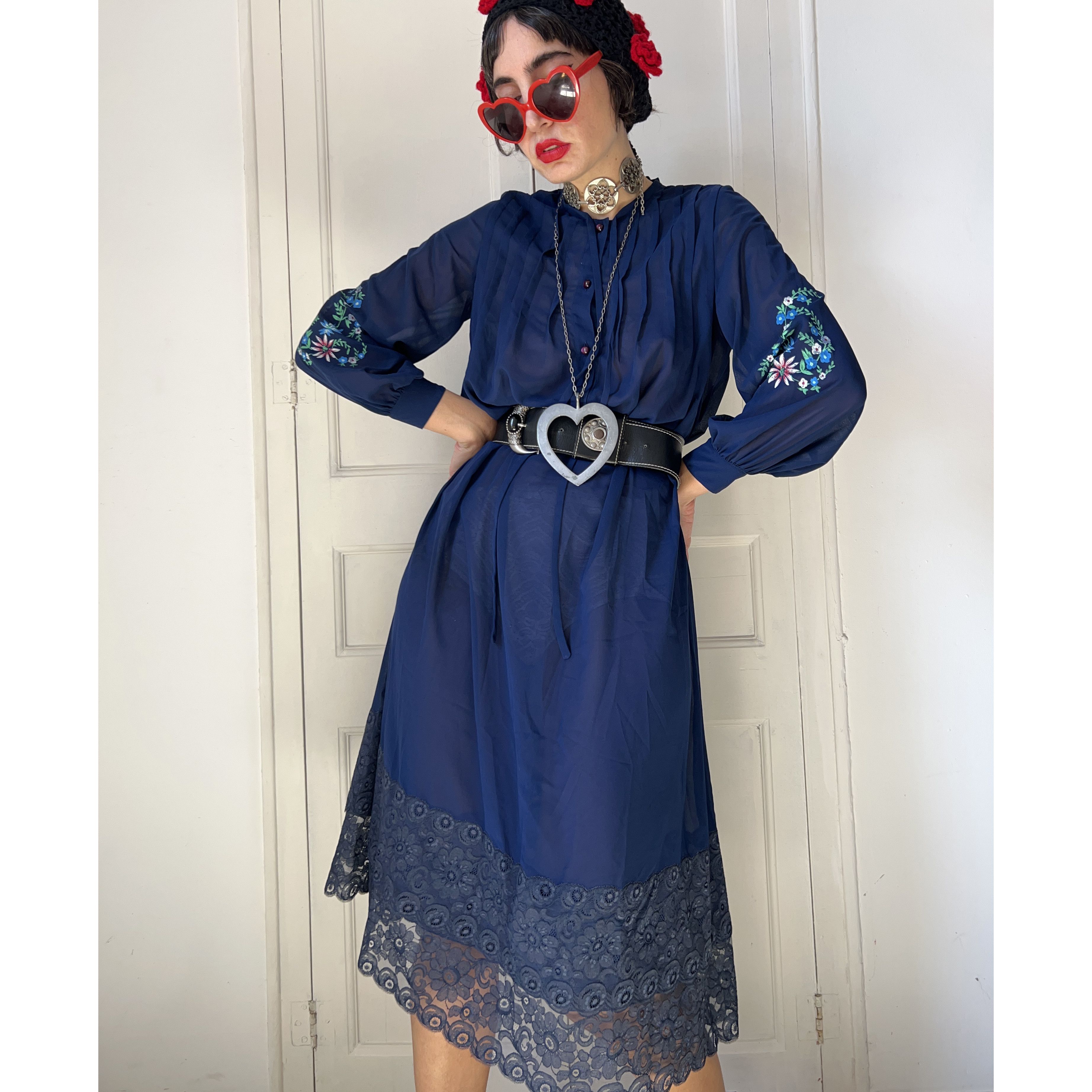 Vintage Vintage 70s Navy Blue Sheer Lace Dress Size M / US 6-8 / IT 42-44 - 1 Thumbnail