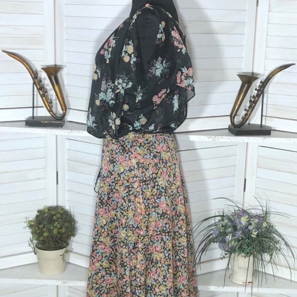 Vintage 80s Full Swing Boho Dress Back Zipper Floral Cottage Black M Size L / US 10 / IT 46 - 5 Thumbnail
