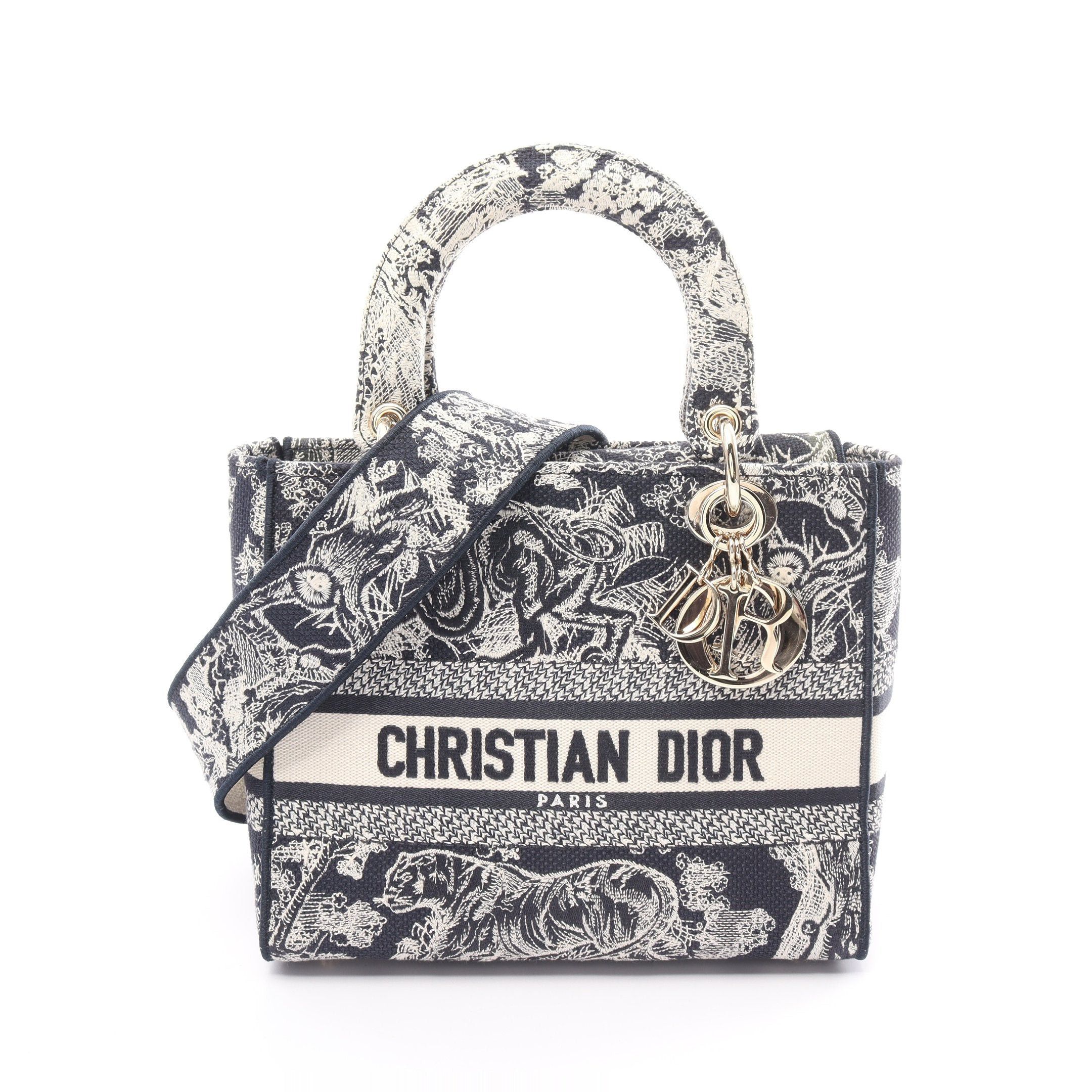 Dior Dior Lady Medium Bag Embroidery Handbag Canvas Ivory Navy Size ONE SIZE - 1 Thumbnail