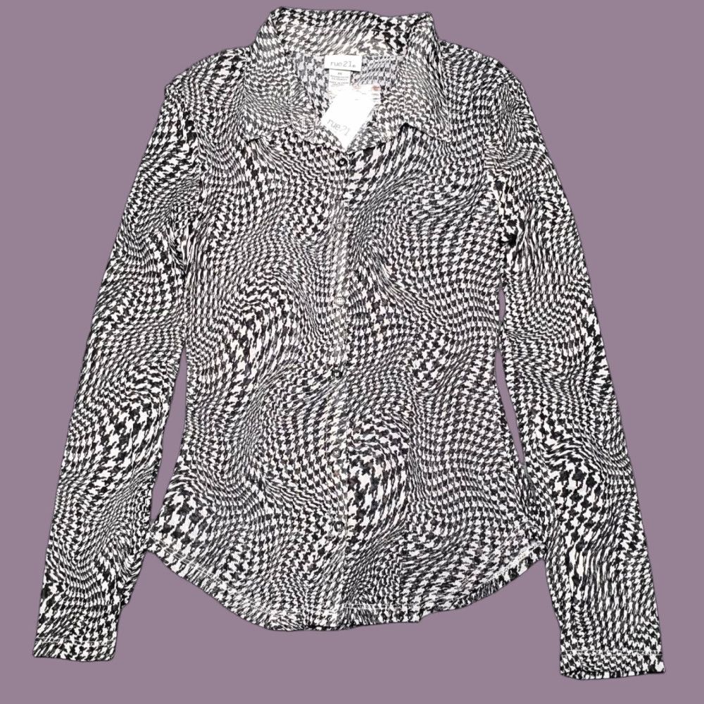 Vintage Rue21 Shirt Womens XS Black Houndstooth Long Sleeve Button Up Collar Stretch New Size XS / US 0-2 / IT 36-38 - 1 Thumbnail