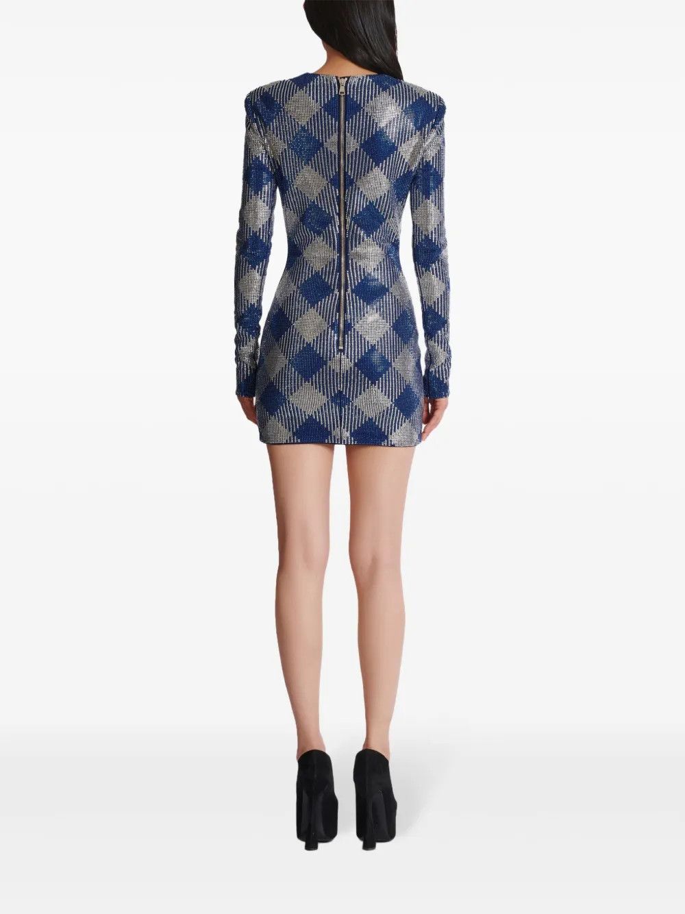 Balmain o1s1wg111225 Gigham Rhinestone Mini Dress in Navy Blue Size XL / US 12-14 / IT 48-50 - 4 Thumbnail