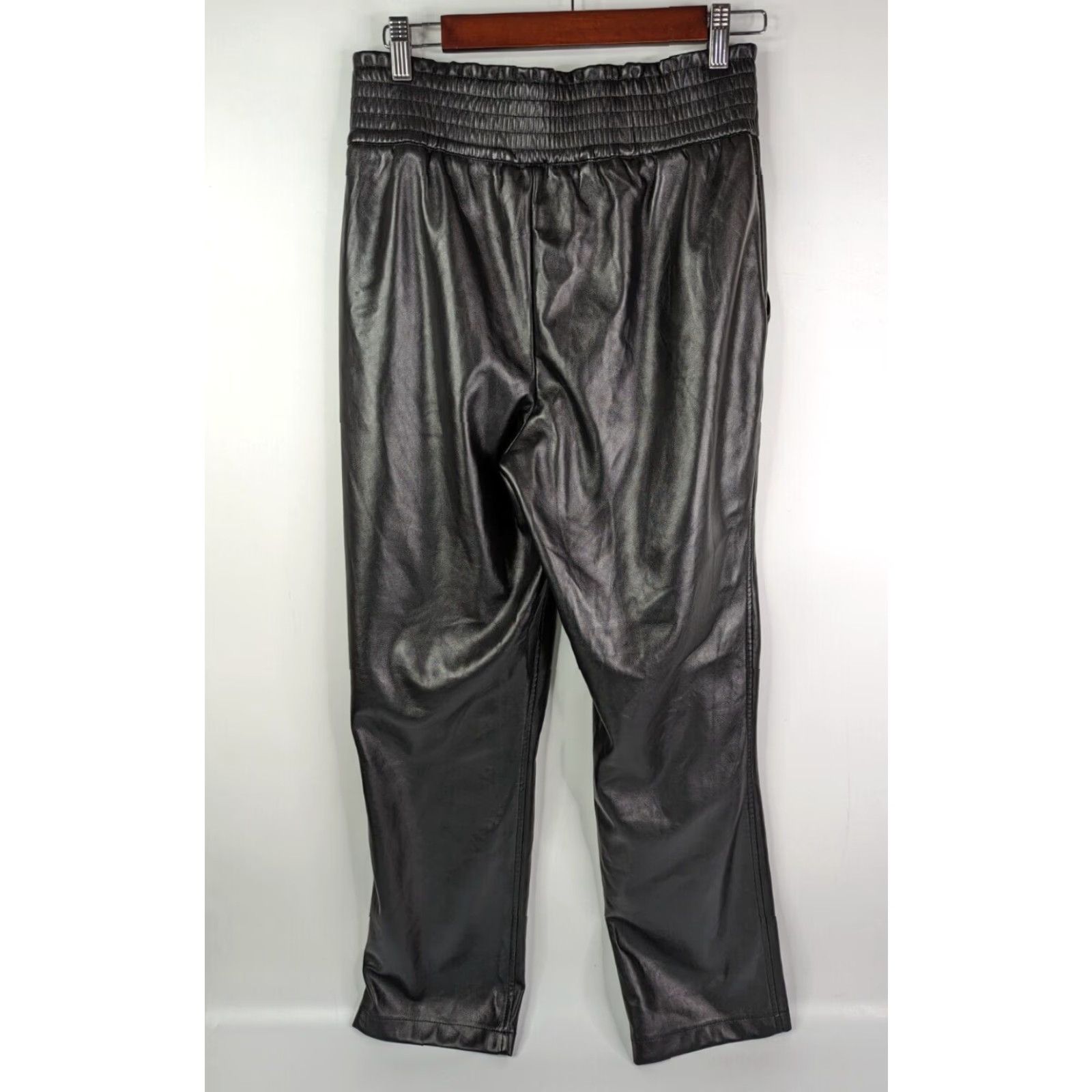 Joie JOIE Black Pants Leather Style Elastic Waist Faux Leather Smocked Waist Regular Womens Medium Casual Straight Front Full Length Size 32" / US 10 / IT 46 - 4 Thumbnail