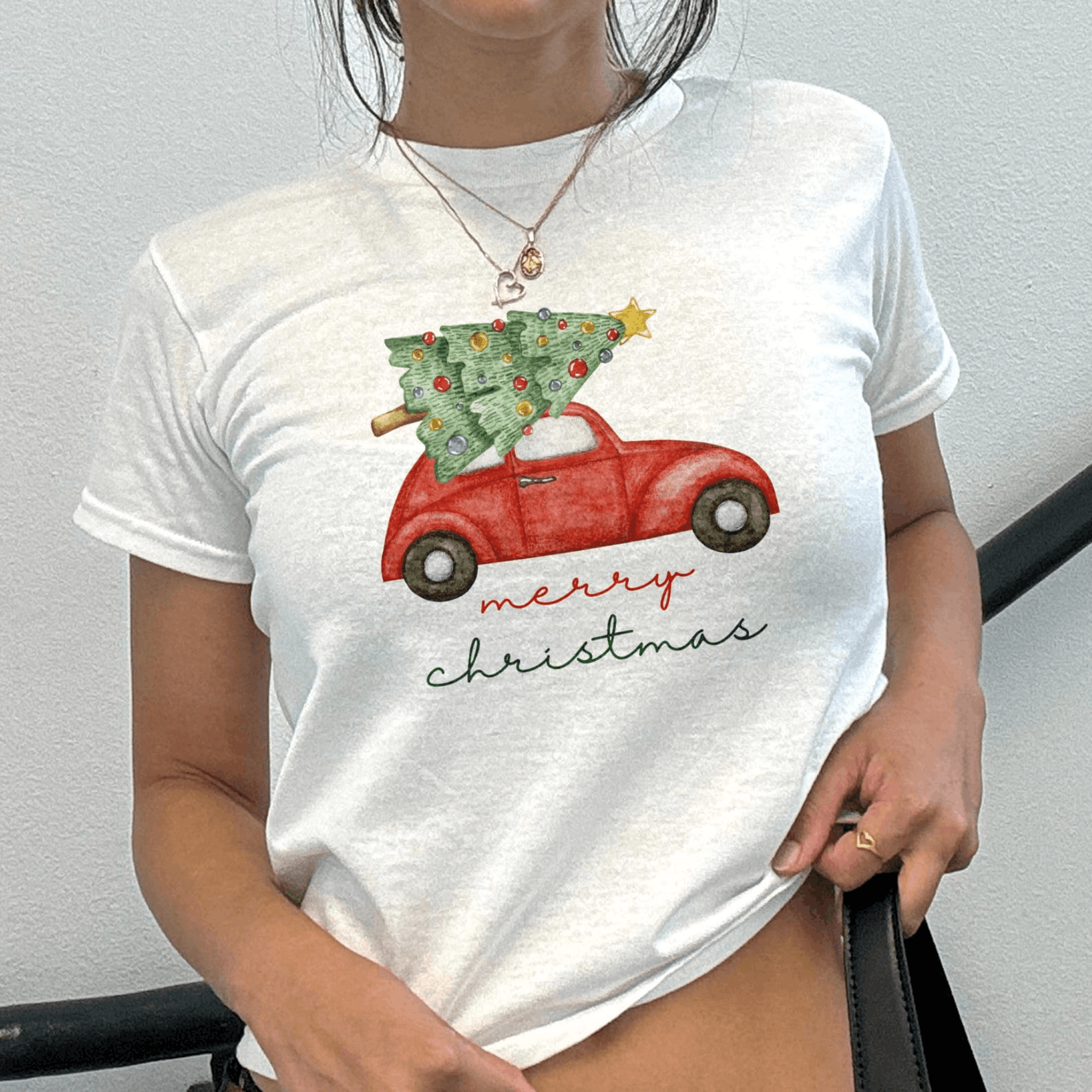 Other Merry Christmas Baby Tee – Retro Red Car Size S / US 4 / IT 40 - 1 Thumbnail