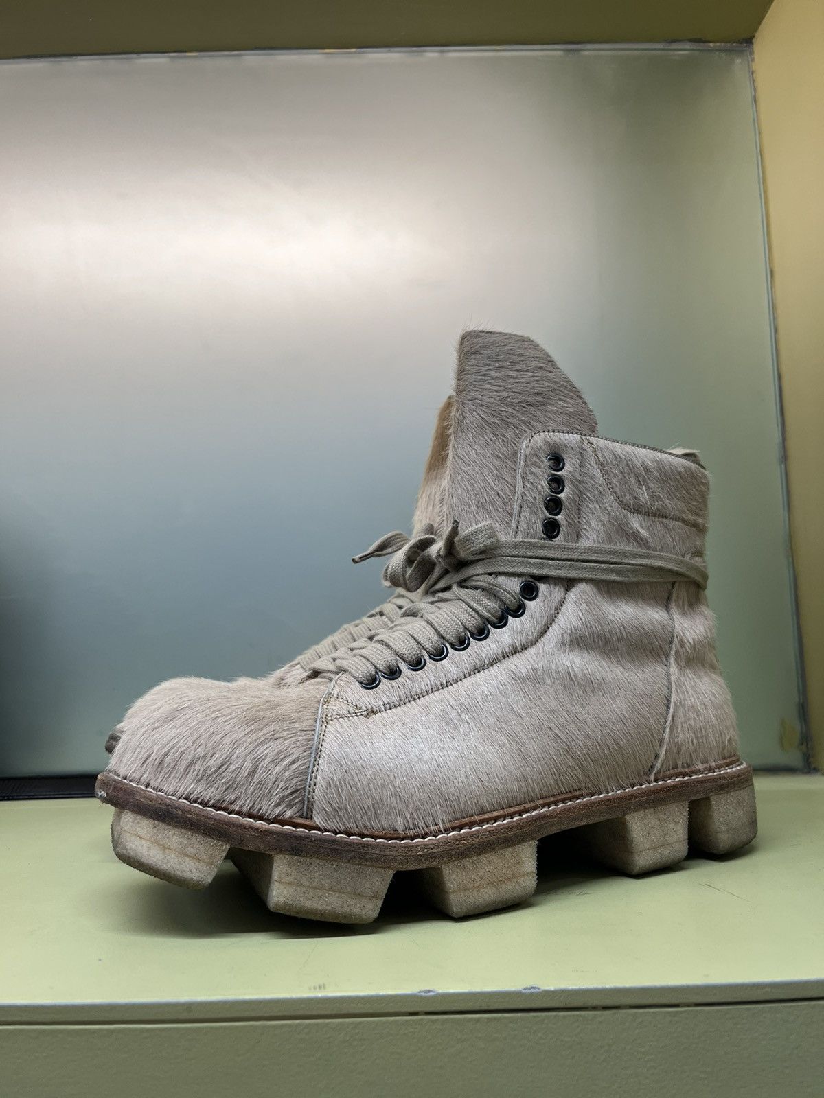 image of Rick Owens Fw13 Plinth Pony Hair Boots in Beige, Men's (Size 11)