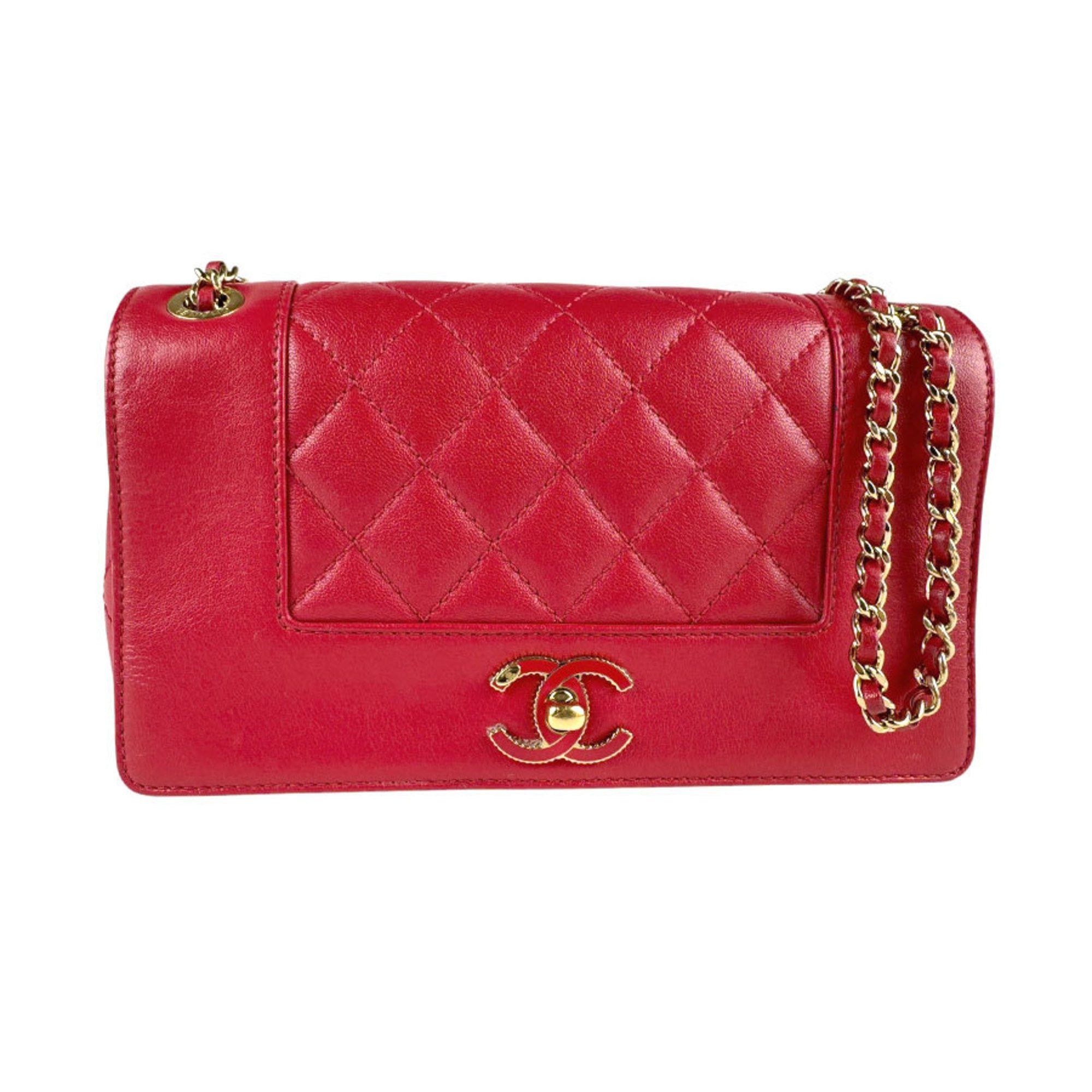 Chanel Shoulder Bag Leather Red Gold Women's Z4559
